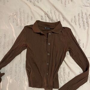 Zara Brown Ribbed Button-Up Cardigan